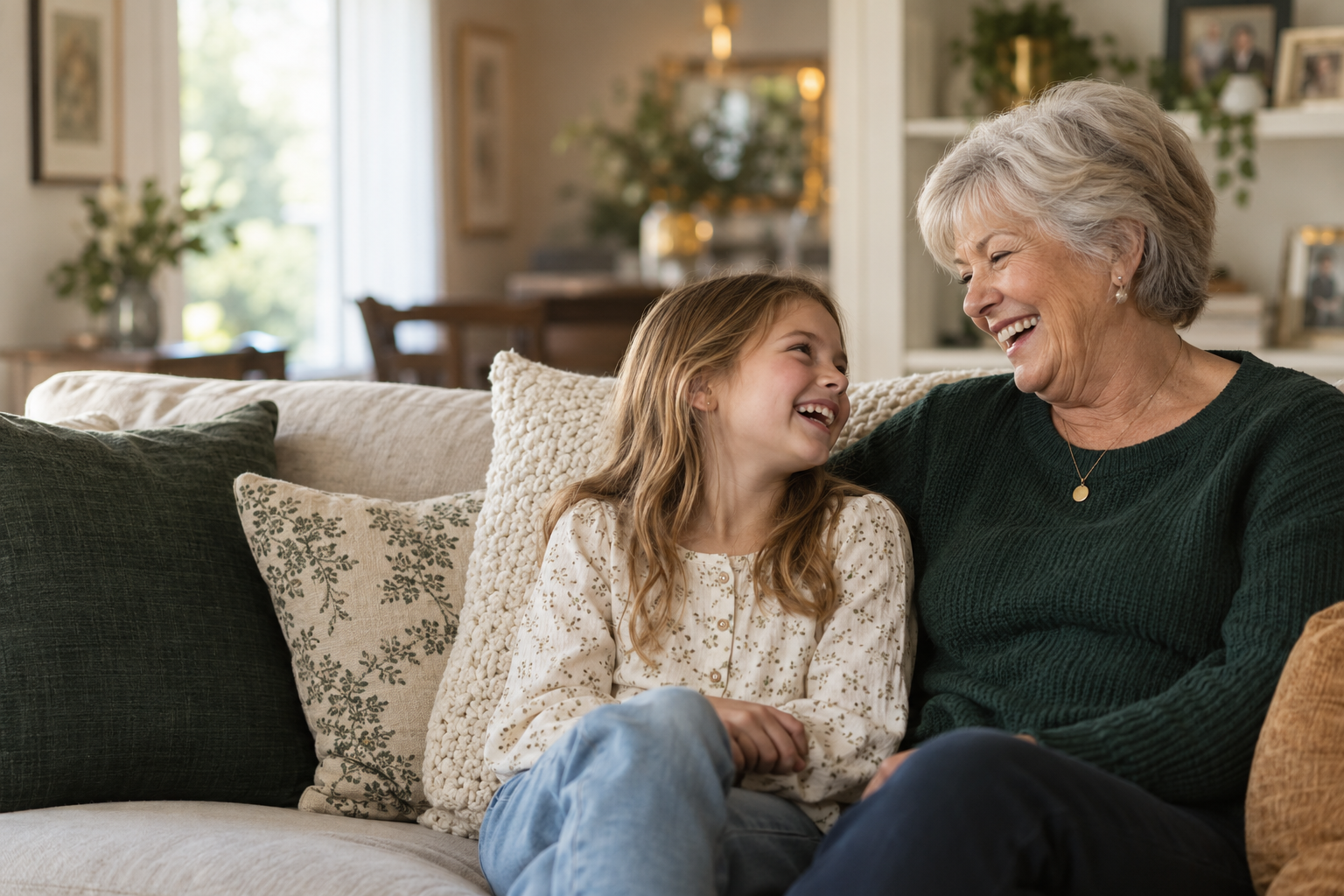 A grandmother and granddaughter laughing together during a recorded conversation